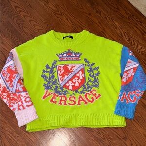 Versace Neon Green and Multicolor Crest Sweater